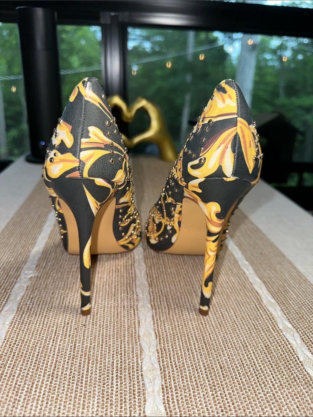 Liliana Black & Yellow Floral Studded Pointed Toe Pumps - Picture 2 of 7